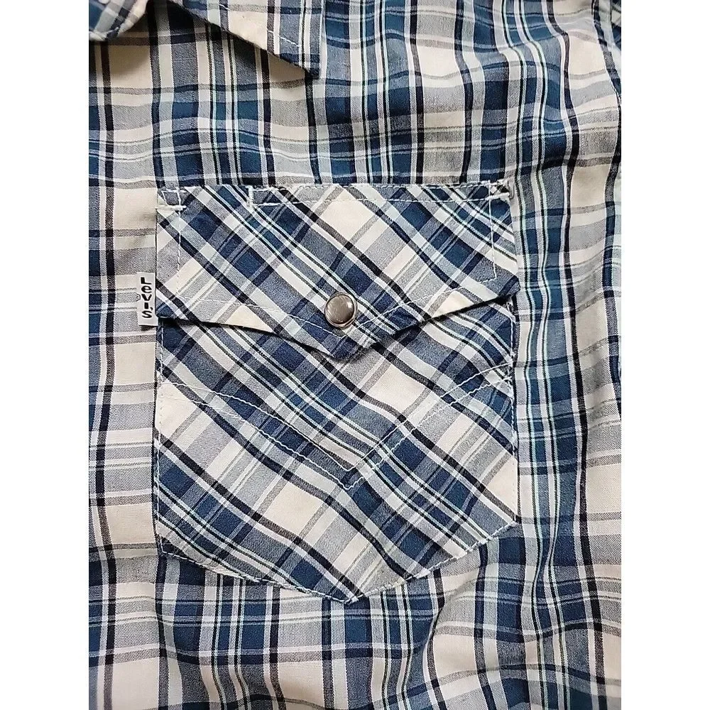 Levis‎ Pearl Snap Western Men's Shirt  XXL 2XL Blue Plaid Long Sleeve White Tab